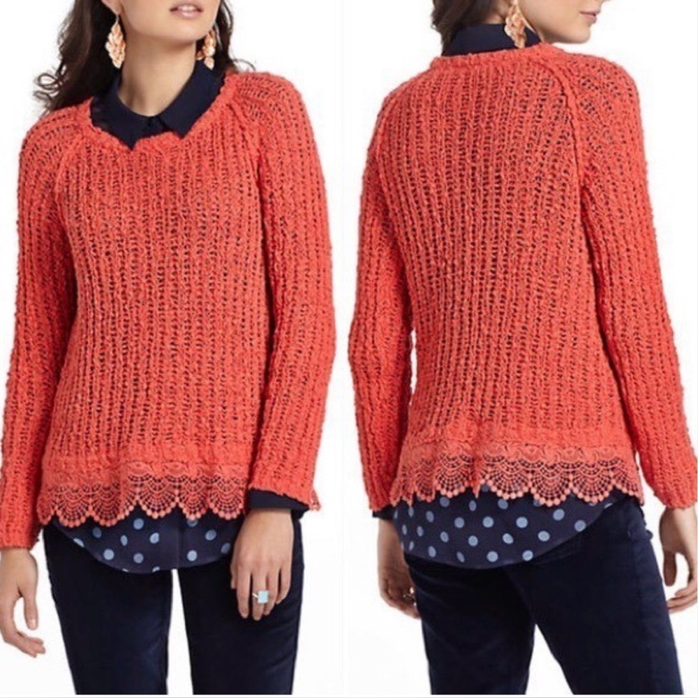 ANTHROPOLOGIE KNITTED KNOTTED Women’s Orange Coral Knit Lace Hem Sweater  Size S